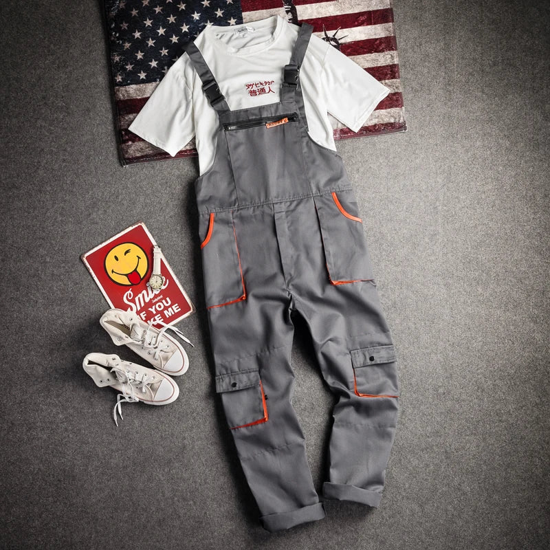 Men Long Sleeve Cargo Overalls Bib Pants Zipper Pockets Rompers Jumpsuit Fashion Labor Casual Coveralls Plus Size S-4XL