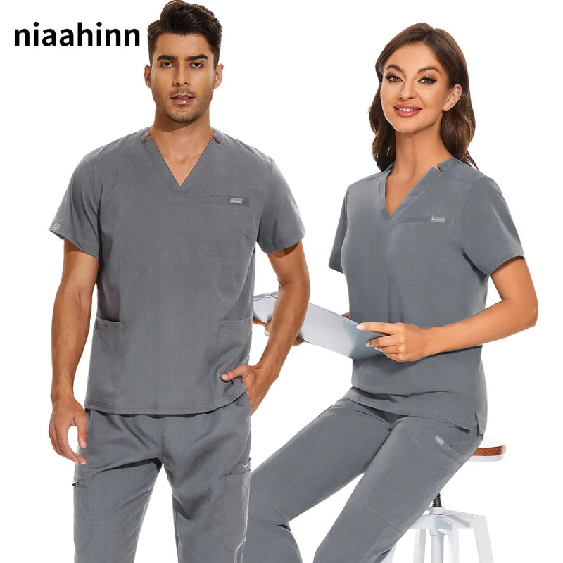 Uniform Nurse Women Scrubs Tops Medical Pocket Uniform Men Short Sleeve V-neck Nursing Shirt Lab Spa Blouse Medical Accessories