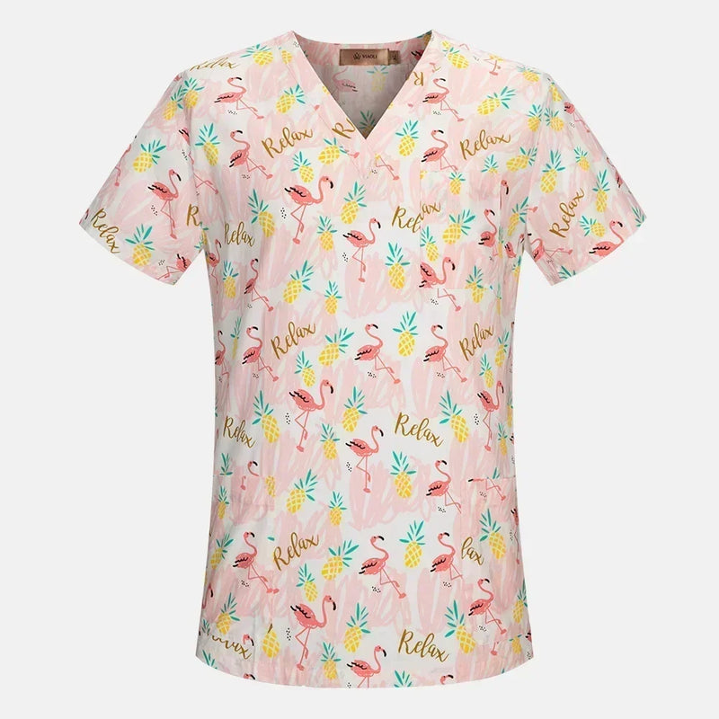 Nurse Uniforms Women Print Short Sleeve V-neck Scrubs Working Medical Blouse Overalls Uniforms Medical Nursing Spa Pet Dentistry