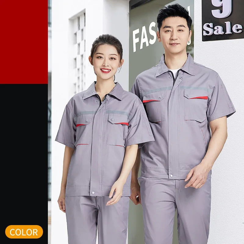 Summer Worker Clothing Set 100% Cotton Breathable Thin Working Coveralls Reflective Stripe Safety Worker Uniforms Repairman Suit