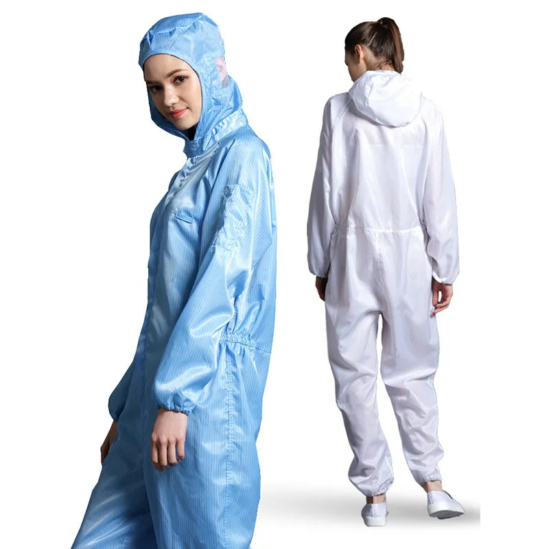 Unisex One-piece Coveralls Uniform Clean Clothes Hood Cleanroom Garments Clean Dust-proof Paint Static Clothing Work Protection