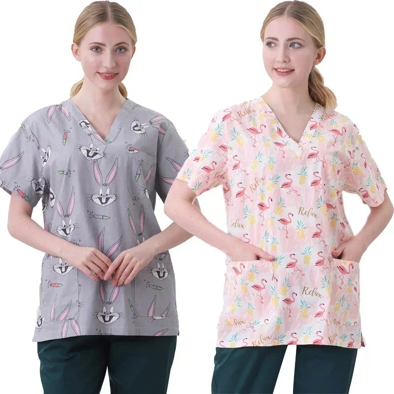 Nurse Uniforms Women Print Short Sleeve V-neck Scrubs Working Medical Blouse Overalls Uniforms Medical Nursing Spa Pet Dentistry