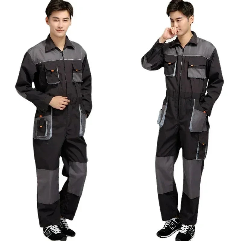 Men & Women's Four Seasons Long Sleeve Overalls One-piece Work Clothes Coveralls Suit Pockets Cargo Jumpsuit - Black& Grey S-4XL