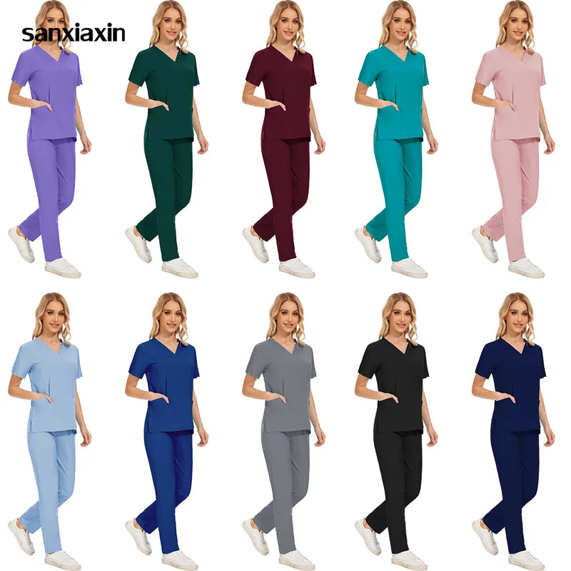 Scrubs Medical Uniforms Women Nurse Uniform Thin Breathable Medical Scrub Tops Elastic Scrubs Pants Doctor Workwear Spa Overalls