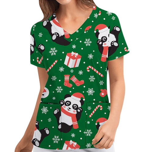 Christmas Nursing Scrubs T-Shirt Tops Casual Short Sleeve V-neck Pocket Women Scrubs Uniforms Women Nursing Clothing S-2xl