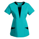 Korean Version SPA Uniforms Women Beauty Salon Scrubs Tops Slim Fit Healthcare Tunic Short Sleeve Patchwork Blouses Wholesale