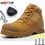 Cowhide Genuine Leather Work Boots European Standards Safety Shoes Men Anti-smash Anti-puncture Indestructible Shoes Waterproof