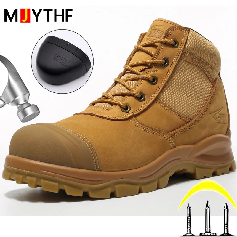 Cowhide Genuine Leather Work Boots European Standards Safety Shoes Men Anti-smash Anti-puncture Indestructible Shoes Waterproof