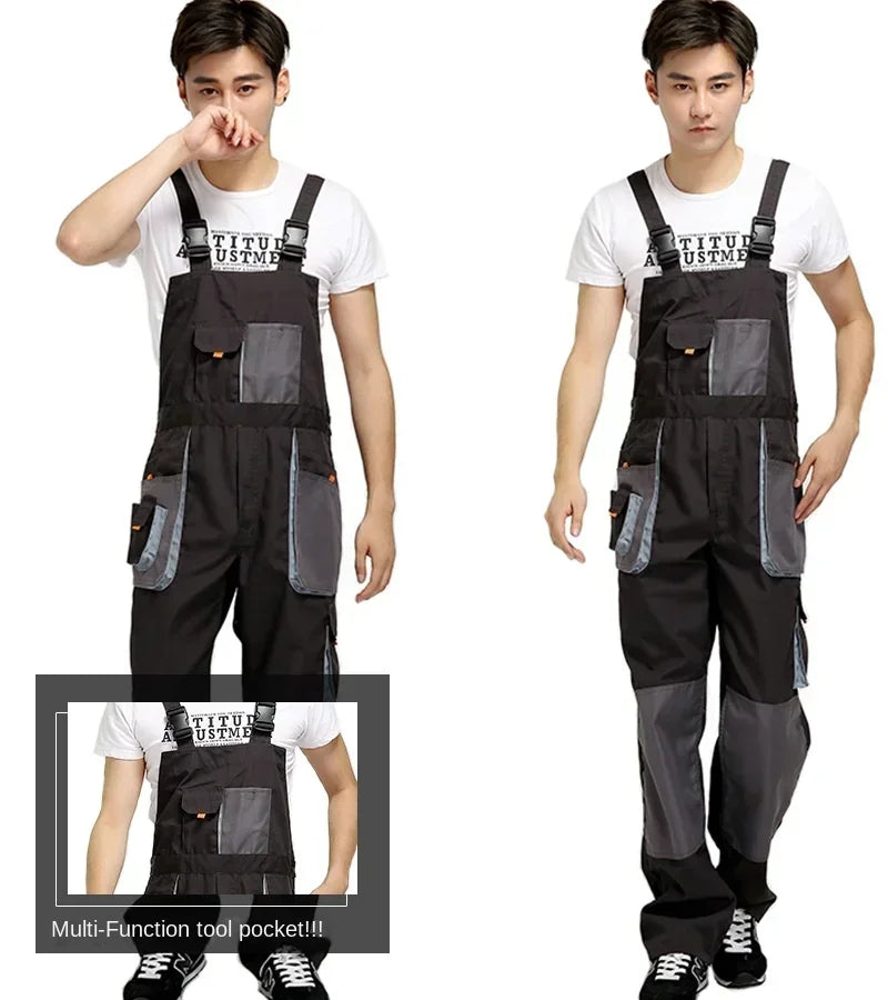 Men & Women's Four Seasons Long Sleeve Overalls One-piece Work Clothes Coveralls Suit Pockets Cargo Jumpsuit - Black& Grey S-4XL