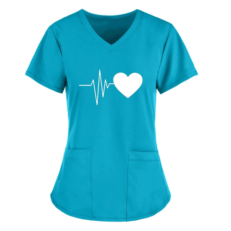 Unisex Working Uniform Print Pocket Pet Grooming Nurse Uniform Women Short Sleeve Spa V-neck Scrub Tops Healthcare Carer Tunic