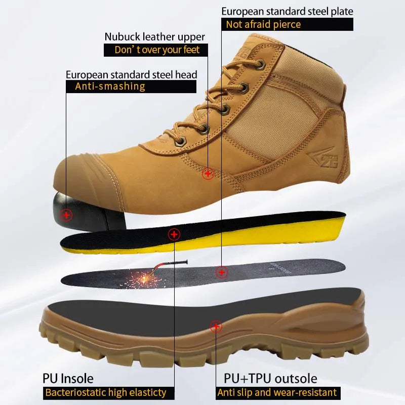 Cowhide Genuine Leather Work Boots European Standards Safety Shoes Men Anti-smash Anti-puncture Indestructible Shoes Waterproof