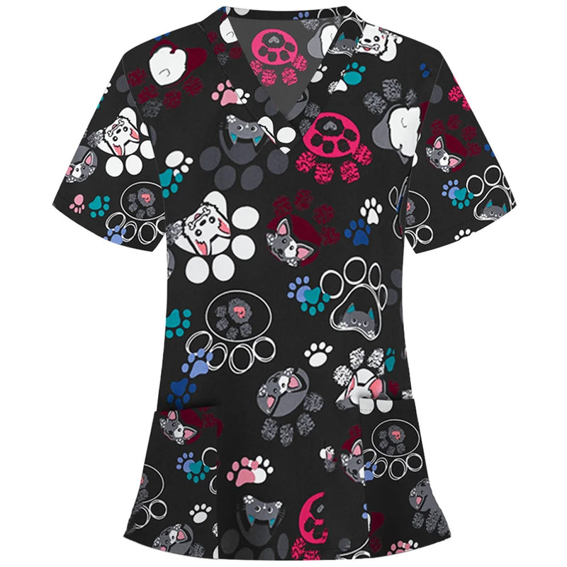 Scrub Tops Women Short Sleeve V-neck Tops Nurse Uniform Cartoon Print Working Blouse Ladies T-shirts uniforme enfermera mujer