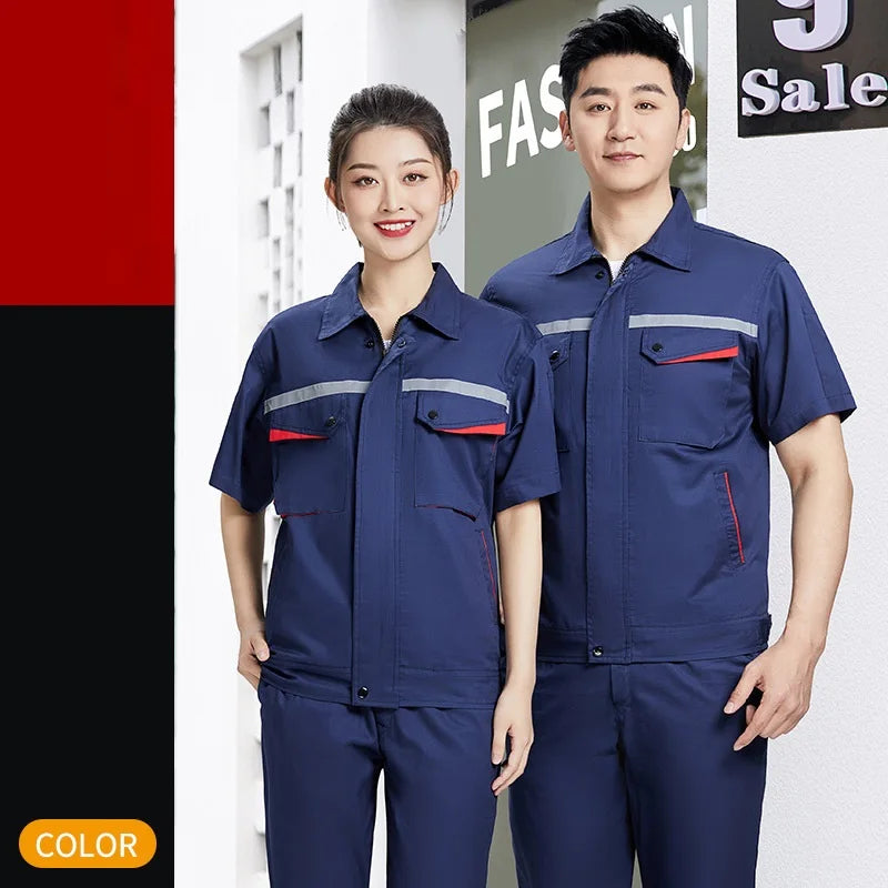 Summer Worker Clothing Set 100% Cotton Breathable Thin Working Coveralls Reflective Stripe Safety Worker Uniforms Repairman Suit