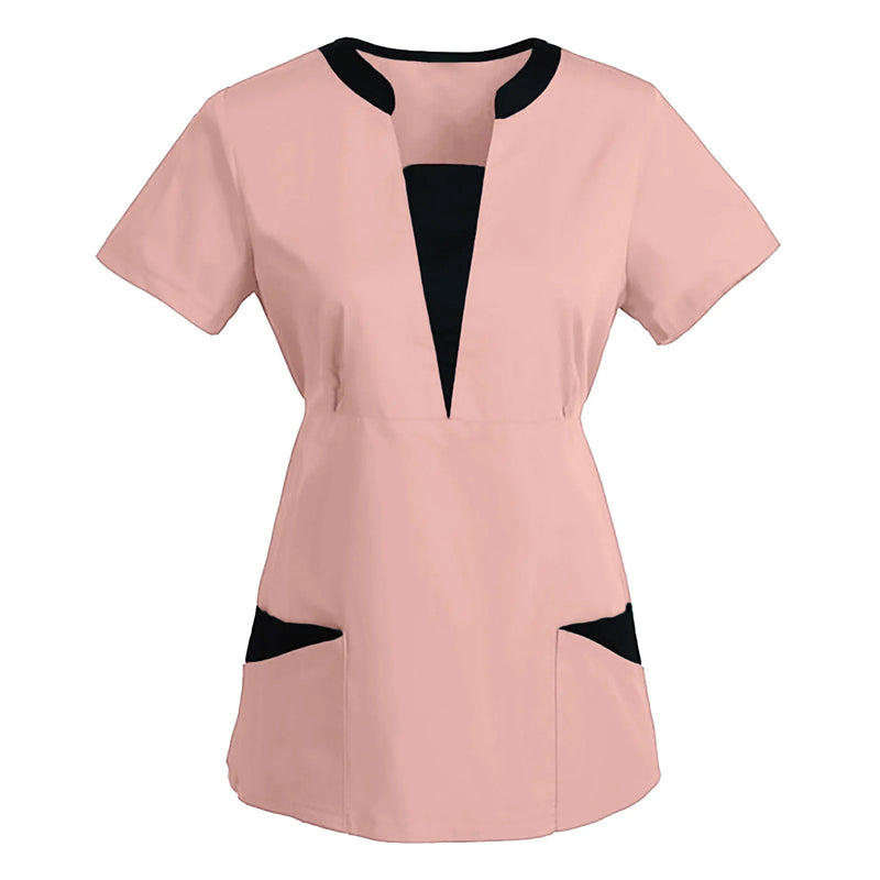 Korean Version SPA Uniforms Women Beauty Salon Scrubs Tops Slim Fit Healthcare Tunic Short Sleeve Patchwork Blouses Wholesale