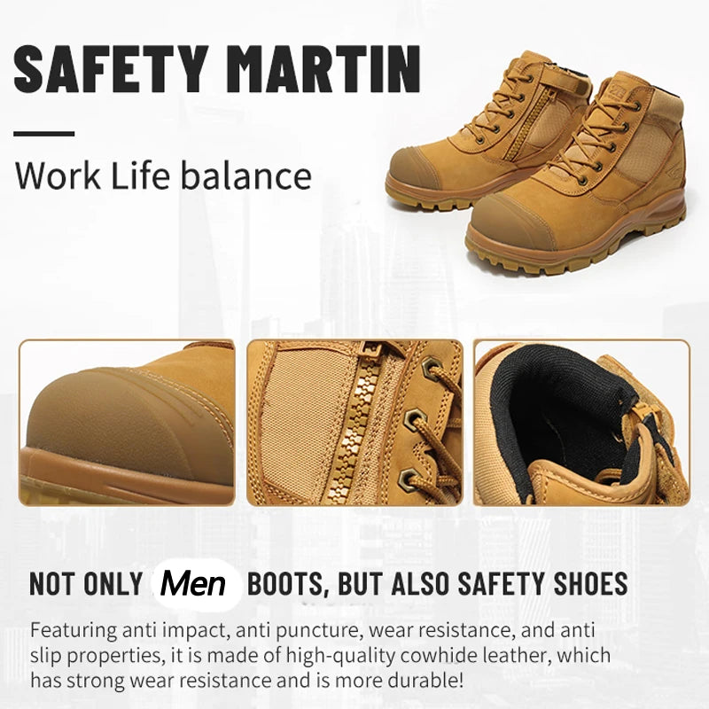 Cowhide Genuine Leather Work Boots European Standards Safety Shoes Men Anti-smash Anti-puncture Indestructible Shoes Waterproof