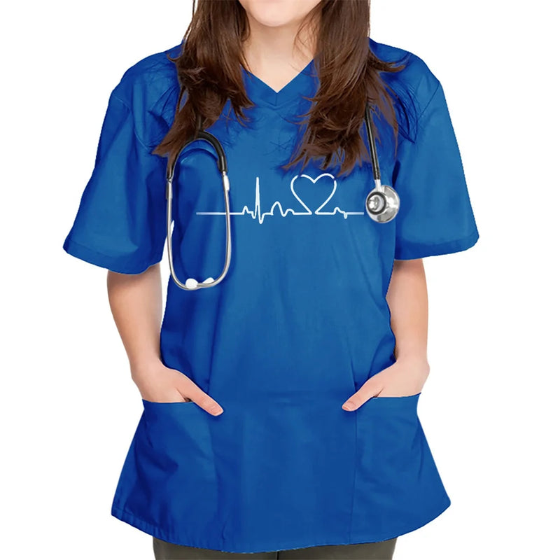 Unisex Working Uniform Print Pocket Pet Grooming Nurse Uniform Women Short Sleeve Spa V-neck Scrub Tops Healthcare Carer Tunic