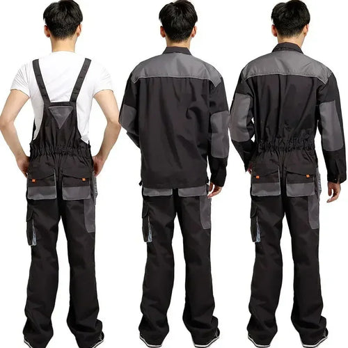 Men & Women's Four Seasons Long Sleeve Overalls One-piece Work Clothes Coveralls Suit Pockets Cargo Jumpsuit - Black& Grey S-4XL