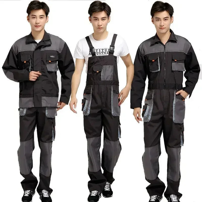 Men & Women's Four Seasons Long Sleeve Overalls One-piece Work Clothes Coveralls Suit Pockets Cargo Jumpsuit - Black& Grey S-4XL