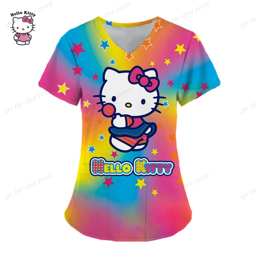 Women Working Uniform Hello Kitty Print Pocket Blouse Short SleevWomene V-neck Tops Nurse Uniform Shop Workwear Heathcare Tunic