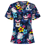 Scrub Tops Women Short Sleeve V-neck Tops Nurse Uniform Cartoon Print Working Blouse Ladies T-shirts uniforme enfermera mujer