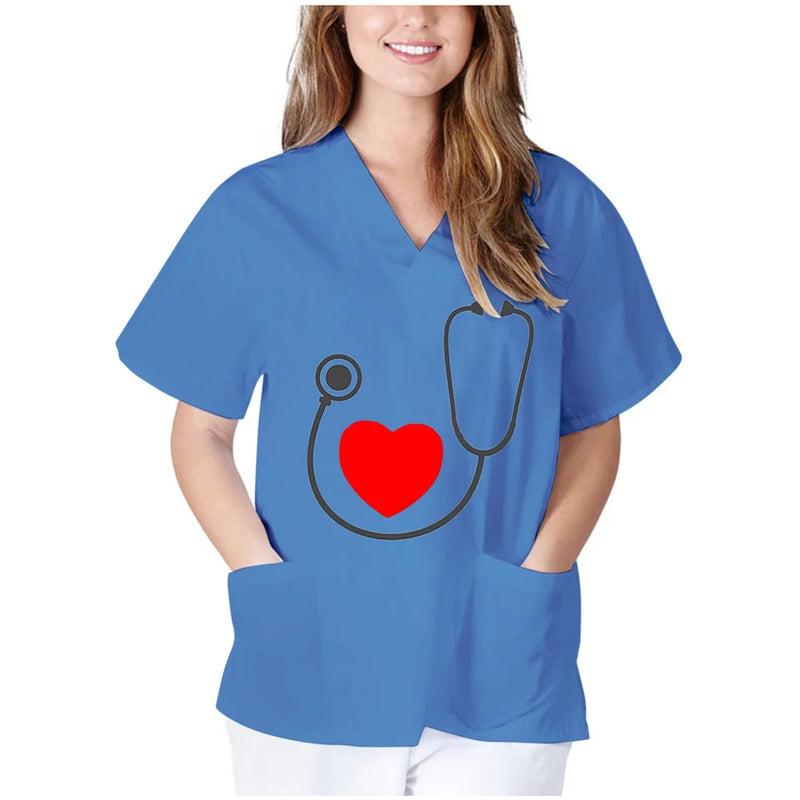 Unisex Working Uniform Print Pocket Pet Grooming Nurse Uniform Women Short Sleeve Spa V-neck Scrub Tops Healthcare Carer Tunic